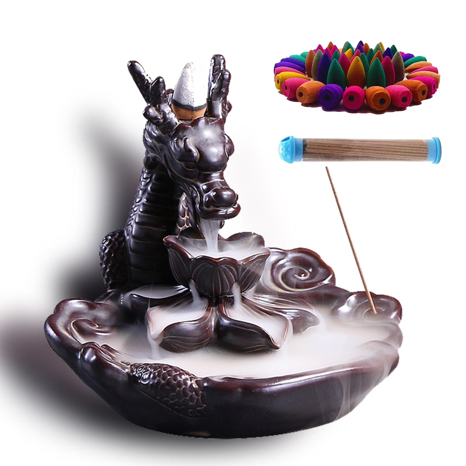 Dragon Incense Waterfall Burner Set with Backflow Incense Cones and Sandalwood Sticks